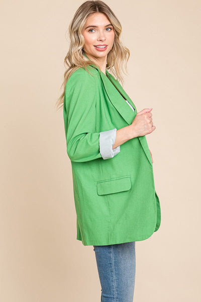 Lapel Neck Solid Pocket Long Sleeve Linen Blazer
