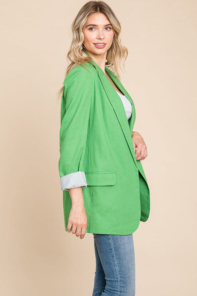 Lapel Neck Solid Pocket Long Sleeve Linen Blazer
