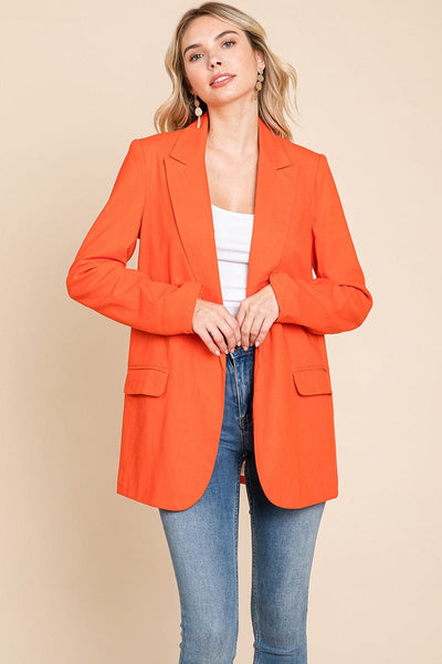 Lapel Neck Solid Pocket Long Sleeve Linen Blazer