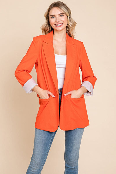 Lapel Neck Solid Pocket Long Sleeve Linen Blazer