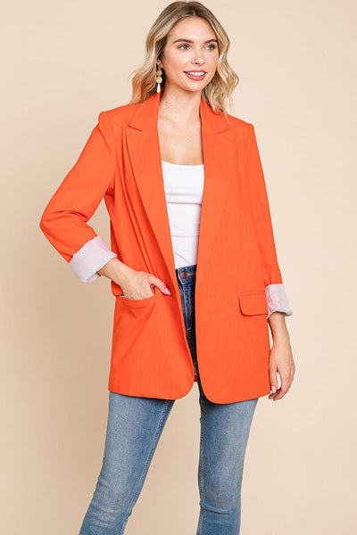 Lapel Neck Solid Pocket Long Sleeve Linen Blazer
