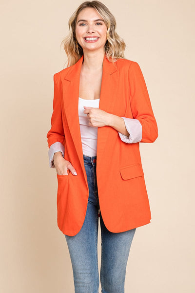 Lapel Neck Solid Pocket Long Sleeve Linen Blazer