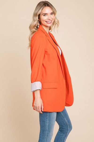 Lapel Neck Solid Pocket Long Sleeve Linen Blazer