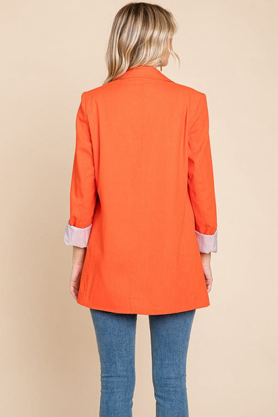 Lapel Neck Solid Pocket Long Sleeve Linen Blazer