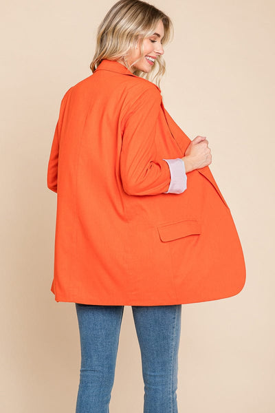 Lapel Neck Solid Pocket Long Sleeve Linen Blazer