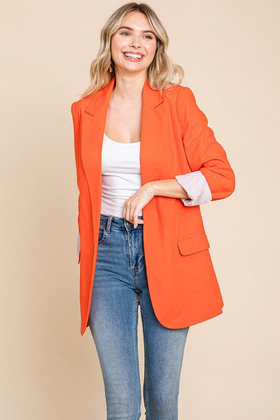 Lapel Neck Solid Pocket Long Sleeve Linen Blazer