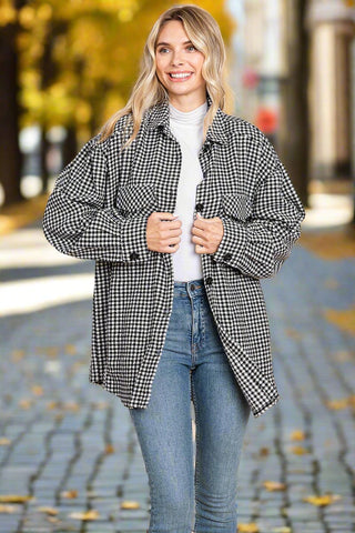 Oversized Houndstooth Flannel Long Shacket
