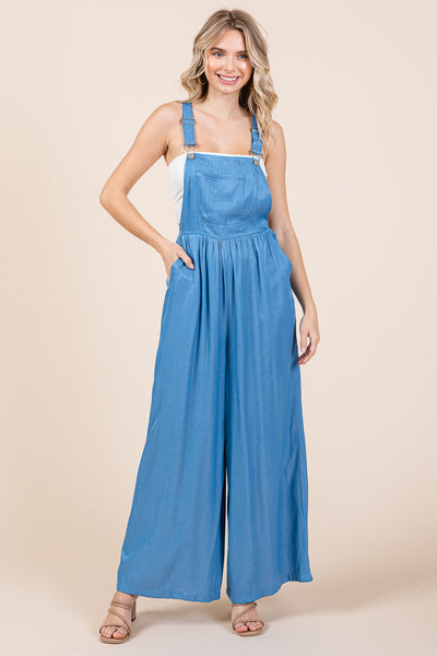 Wide Leg Loose Fit Chambray Jumpsuits with Pockets
