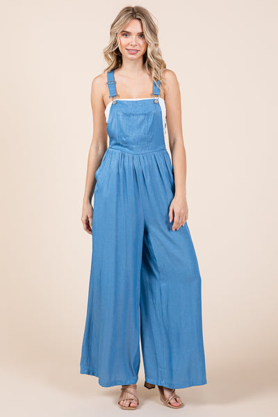 Wide Leg Loose Fit Chambray Jumpsuits with Pockets