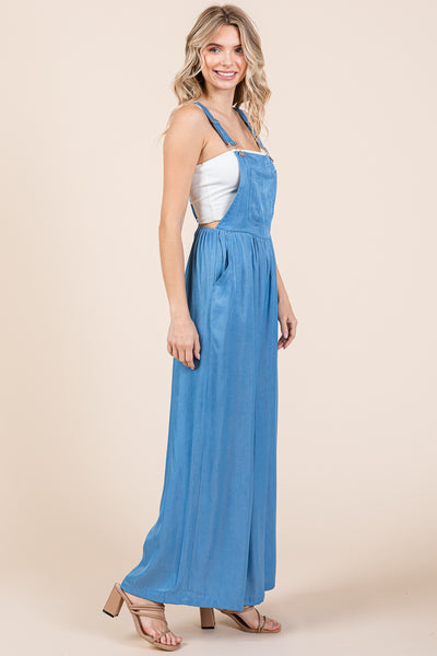 Wide Leg Loose Fit Chambray Jumpsuits with Pockets