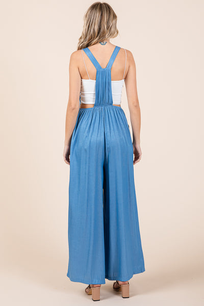 Wide Leg Loose Fit Chambray Jumpsuits with Pockets