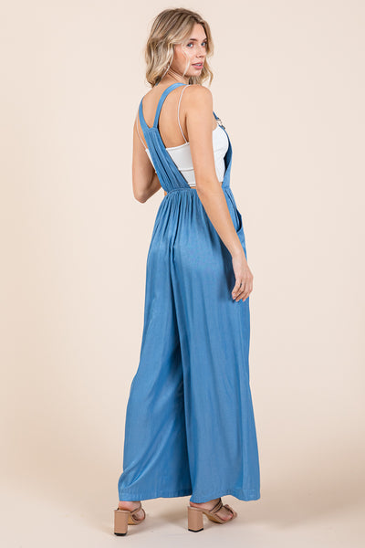 Wide Leg Loose Fit Chambray Jumpsuits with Pockets