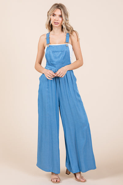 Wide Leg Loose Fit Chambray Jumpsuits with Pockets