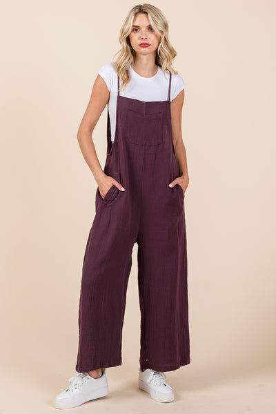 Double Gauze Strap Wide Leg Overalls Jumpsuits