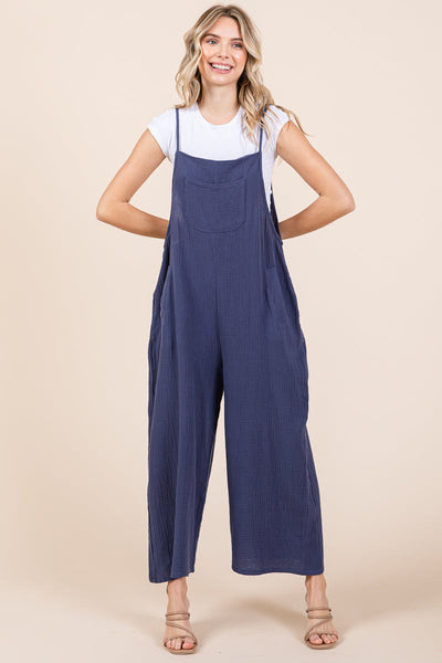 Double Gauze Strap Wide Leg Overalls Jumpsuits