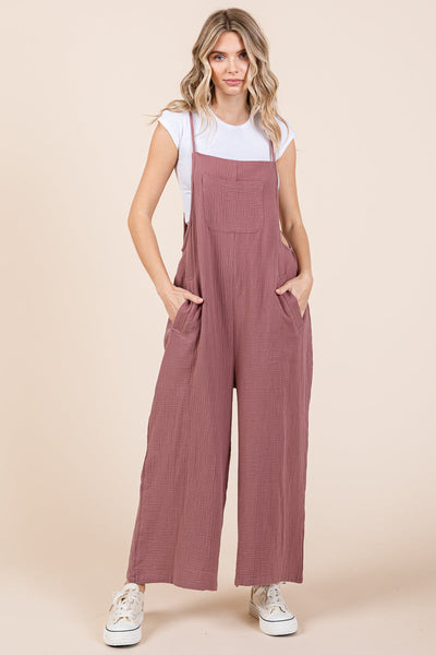 Double Gauze Strap Wide Leg Overalls Jumpsuits