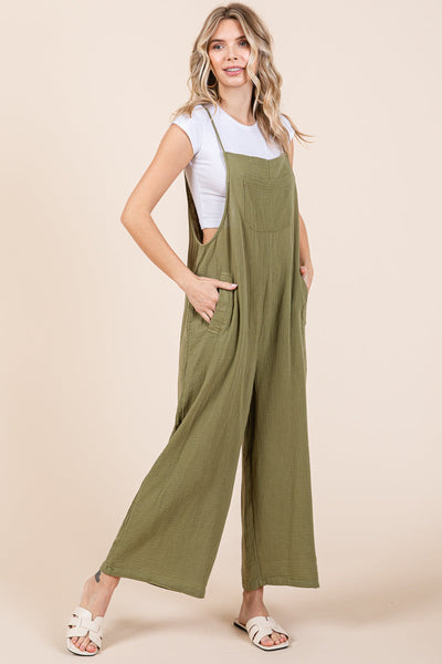 Double Gauze Strap Wide Leg Overalls Jumpsuits