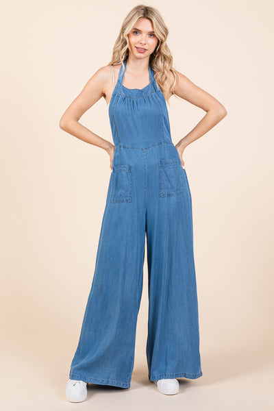 Chambray Open Back Halter Neck Wide Leg Jumpsuit