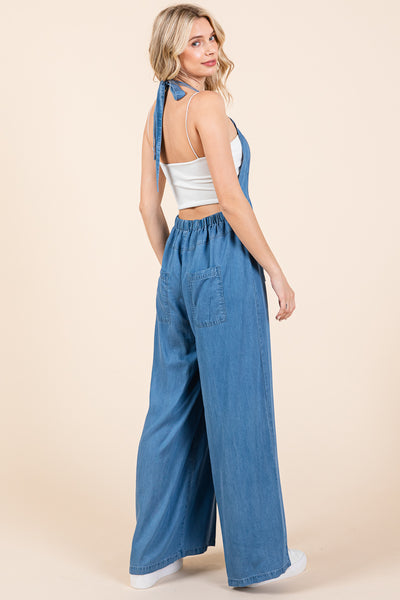 Chambray Open Back Halter Neck Wide Leg Jumpsuit