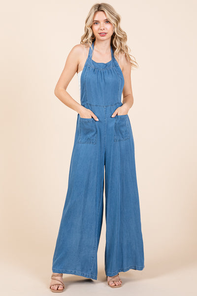Chambray Open Back Halter Neck Wide Leg Jumpsuit