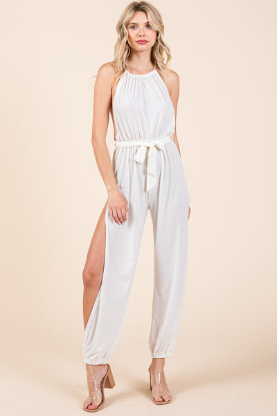 Halter Neck Shirred Belted Split Leg Jumpsuit