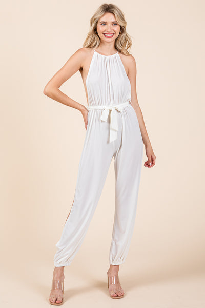 Halter Neck Shirred Belted Split Leg Jumpsuit