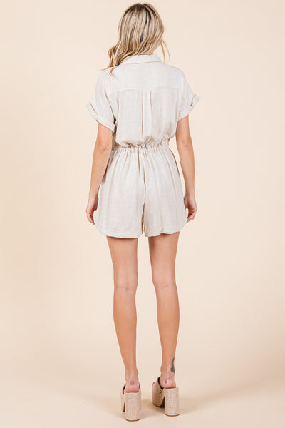Linen Collared Button Up Waist Drawstring Romper