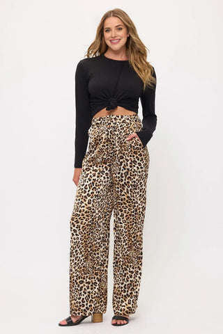 Satin Leopard Print Wide Leg Pants