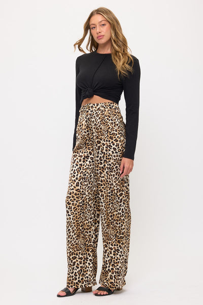 Satin Leopard Print Wide Leg Pants