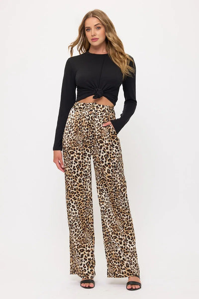 Satin Leopard Print Wide Leg Pants