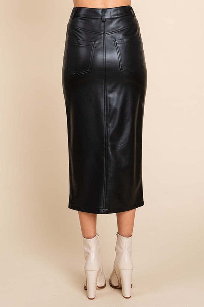 Cotton Backed Faux Leather Split Pencil Skirt