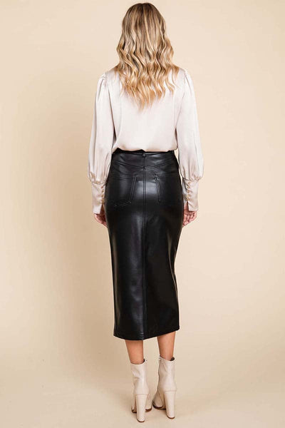 Cotton Backed Faux Leather Split Pencil Skirt