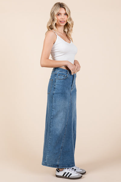 A line Paneled Denim Long Maxi Skirt