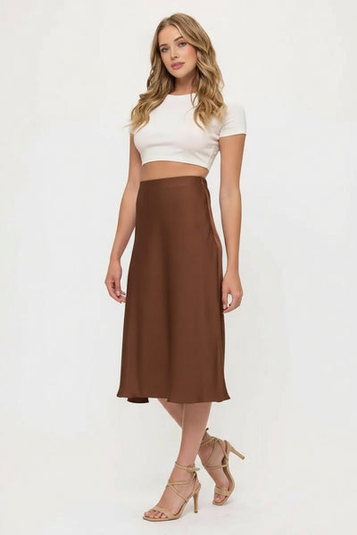 Satin Midi Slip Skirt with Waistband