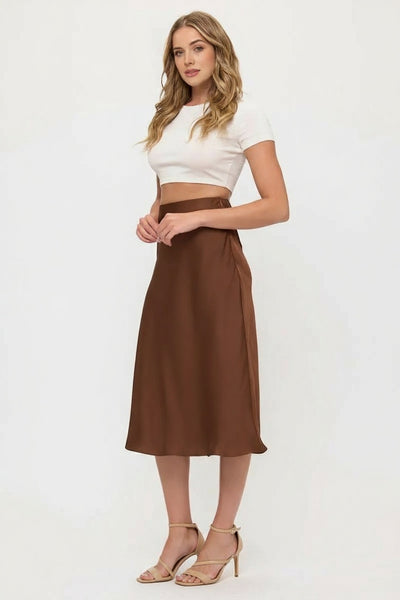 Satin Midi Slip Skirt with Waistband