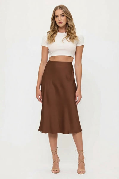 Satin Midi Slip Skirt with Waistband