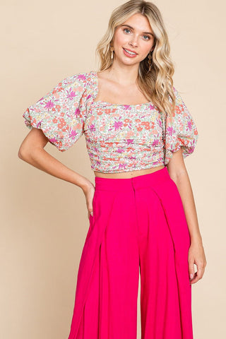 Floral Puff Sleeve Ruched Smocked Cotton Tank Top