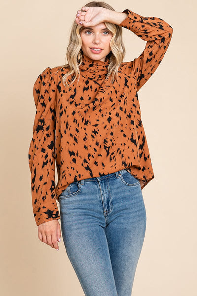 Leopard Print Long Sleeve Cowl Neck Shirts Blouses