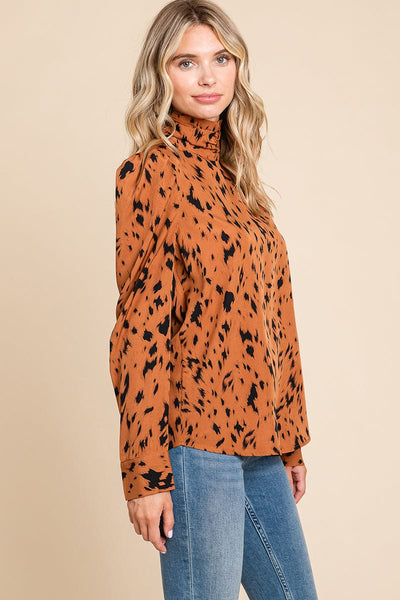 Leopard Print Long Sleeve Cowl Neck Shirts Blouses