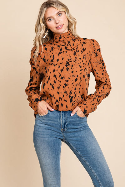 Leopard Print Long Sleeve Cowl Neck Shirts Blouses