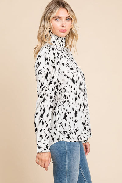 Leopard Print Long Sleeve Cowl Neck Shirts Blouses