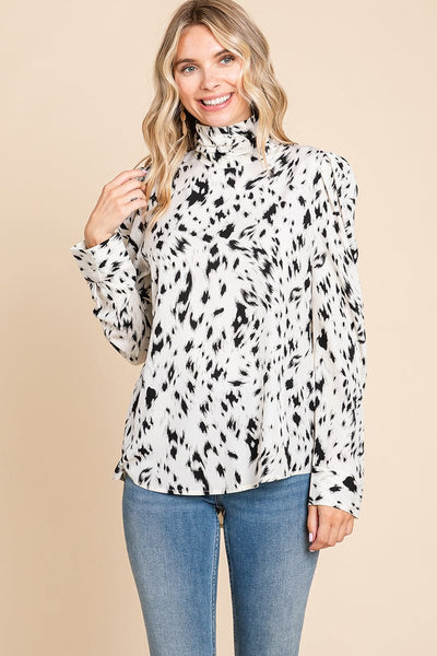 Leopard Print Long Sleeve Cowl Neck Shirts Blouses