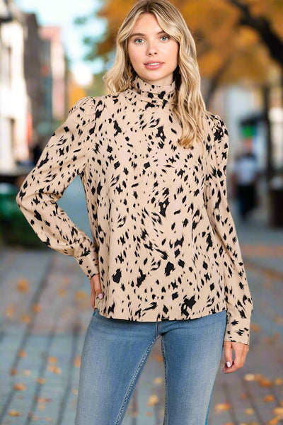 Leopard Print Long Sleeve Cowl Neck Shirts Blouses