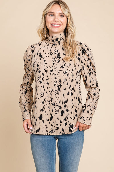 Leopard Print Long Sleeve Cowl Neck Shirts Blouses