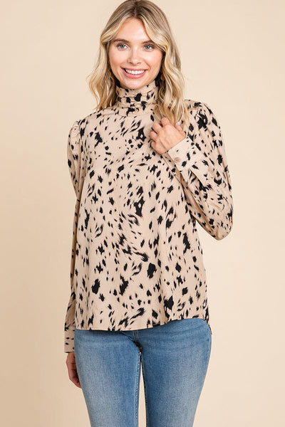 Leopard Print Long Sleeve Cowl Neck Shirts Blouses