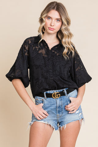Floral Button Down Sheer Lapel Collar Blouse Tops
