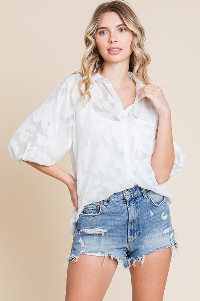 Floral Button Down Sheer Lapel Collar Blouse Tops