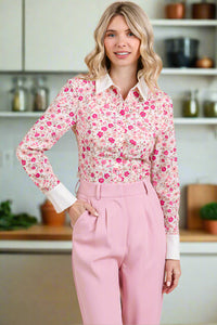 Contrast Collar Floral Long Sleeve Blouse Tops