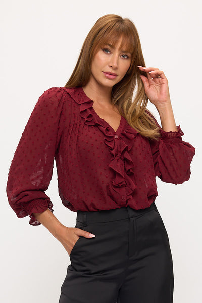 Sheer Dot Ruffle V-Neck Chiffon Blouse