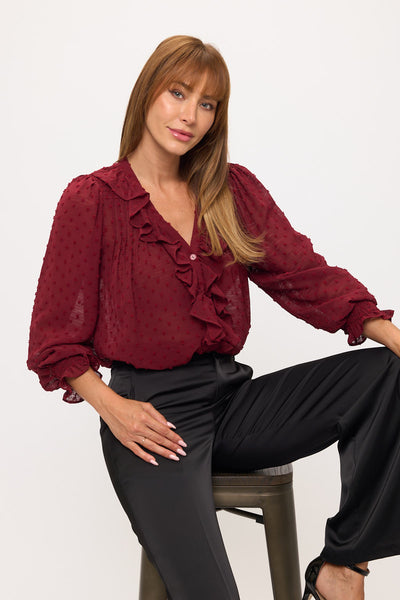 Sheer Dot Ruffle V-Neck Chiffon Blouse